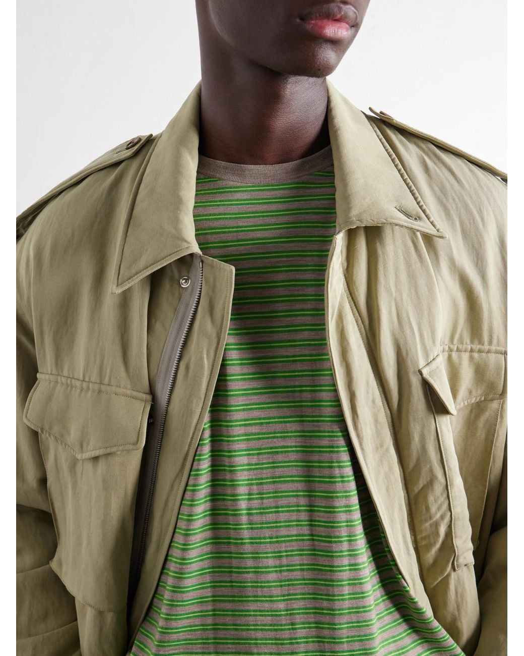 Auralee Green Striped Wool-Jersey T-Shirt for men