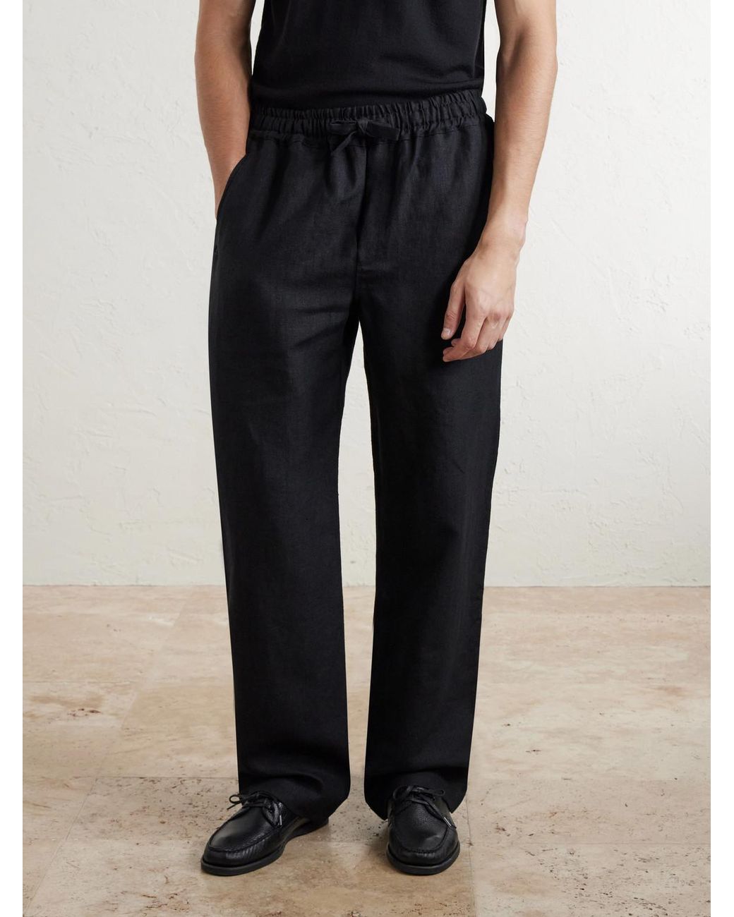 Saman Amel Black Straight-Leg Linen Trousers for men