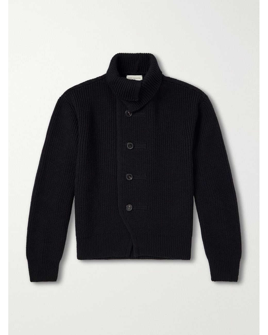 Dries Van Noten Blue Shawl-Collar Ribbed Wool Cardigan for men