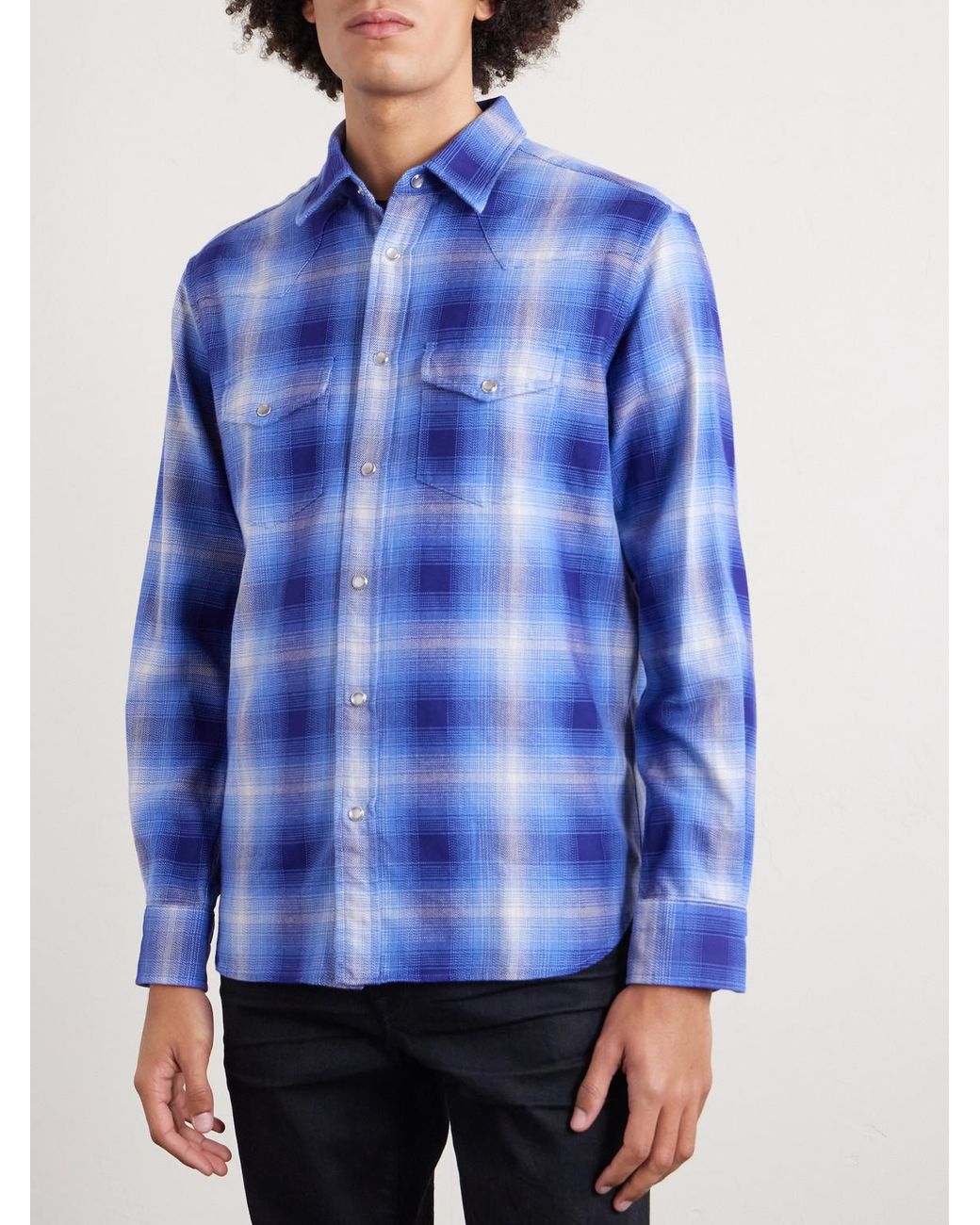 Tom Ford Blue Slim-fit Checked Cotton-flannel Shirt for men