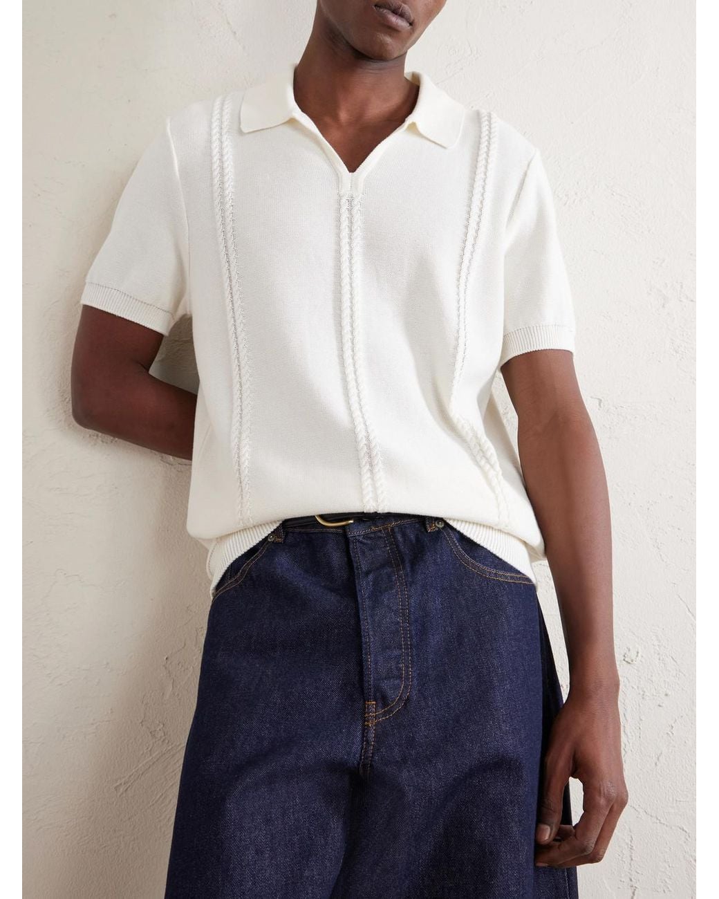 Mr P. White Cable-knit Cotton Polo Shirt for men