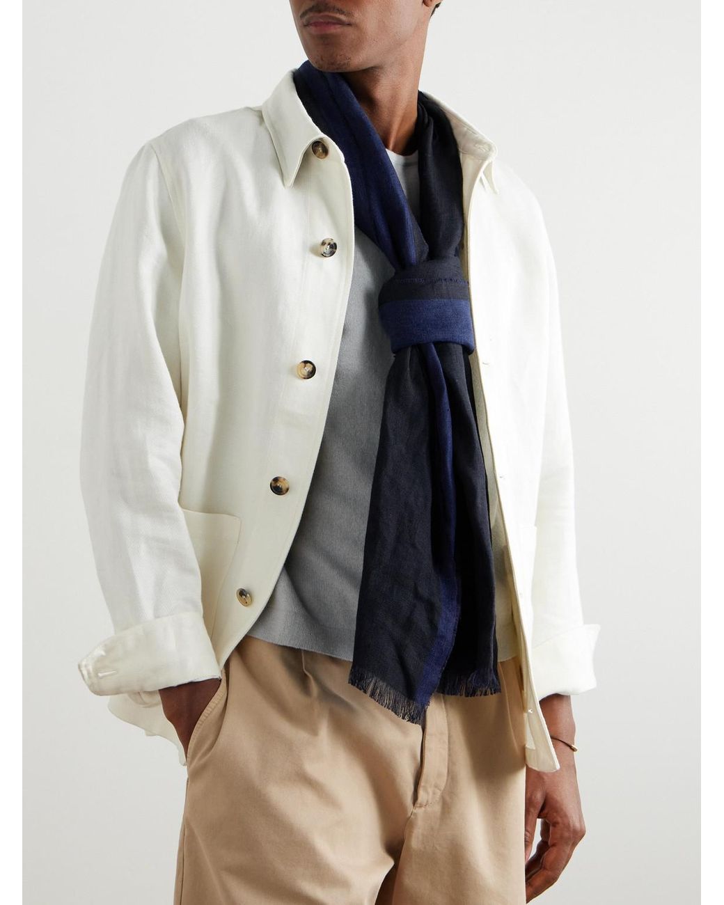 Brunello Cucinelli Blue Fringed Striped Linen Scarf for men