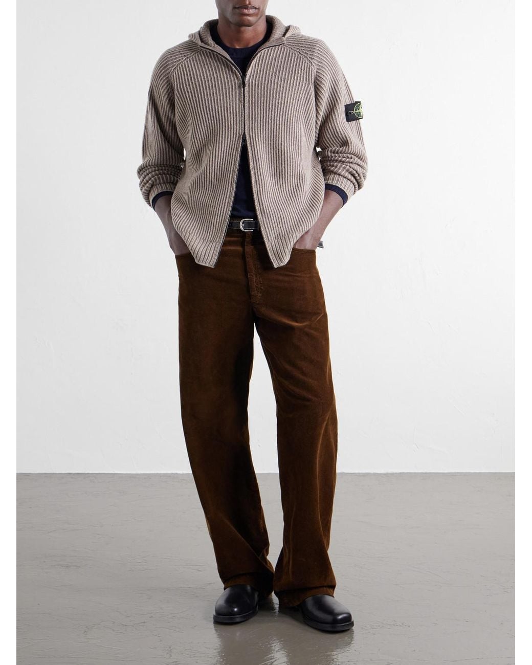 Stone Island Gray Ribbed Cashmere And Wool-Blend Zip-Up Hoodie for men