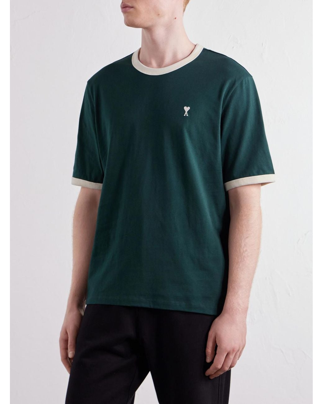 AMI Green Logo-Embroidered Cotton-Jersey T-Shirt for men