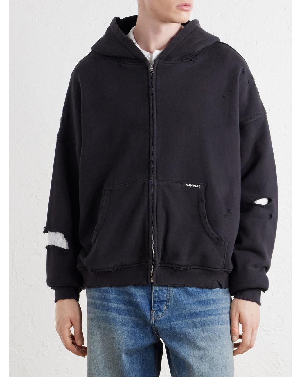 NAHMIAS Blue Distressed Cotton-jersey Zip-up Hoodie for men