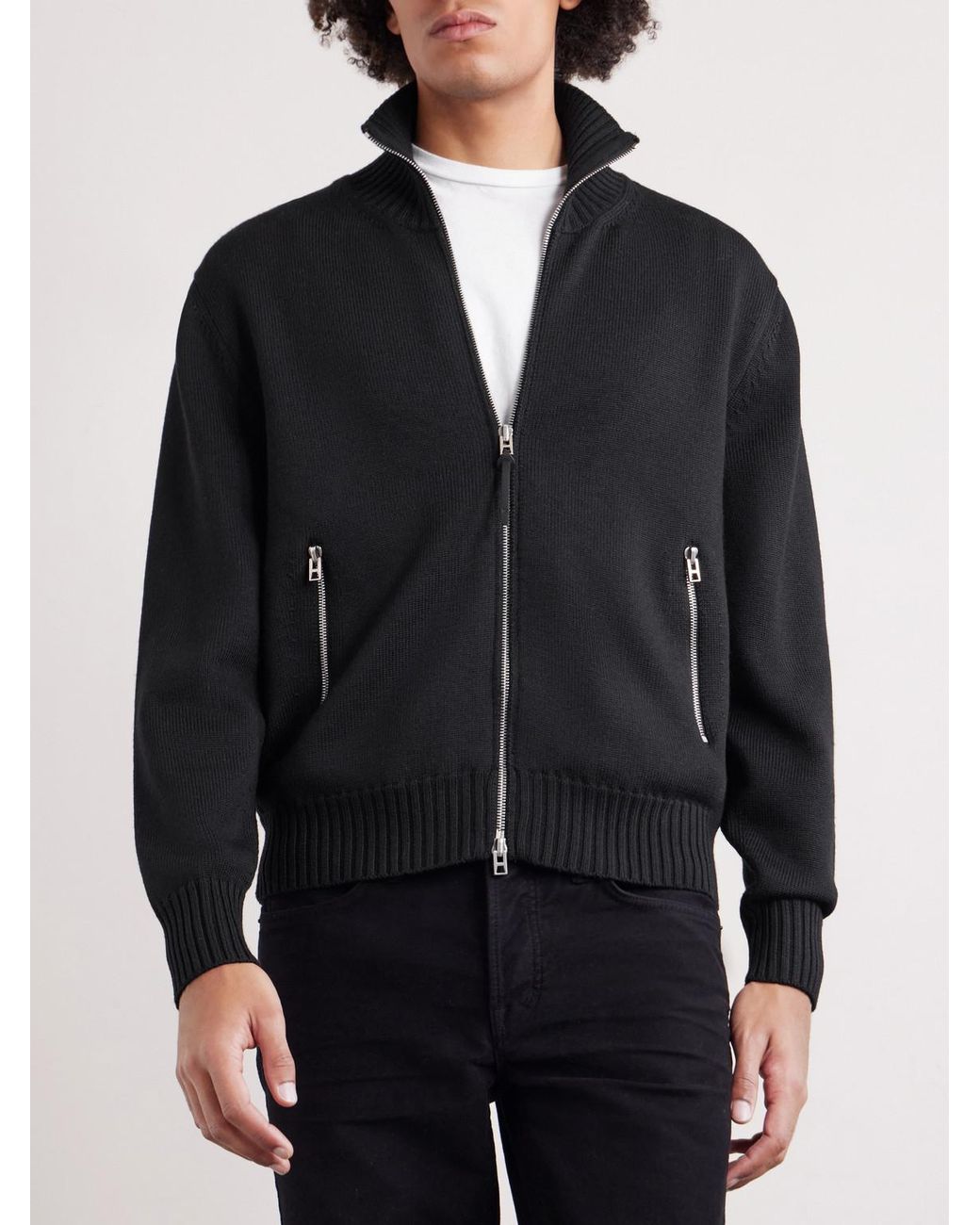 Tom Ford Blue Leather-Trimmed Merino Wool Cardigan for men