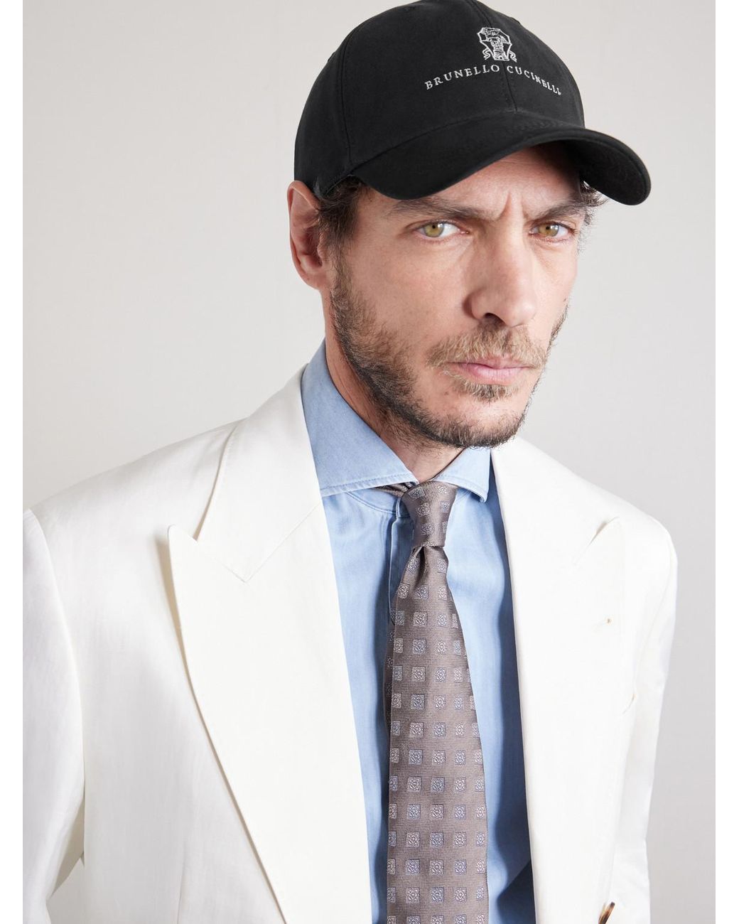 Brunello Cucinelli Black Logo-embroidered Leather-trimmed Cotton-twill Baseball Cap for men