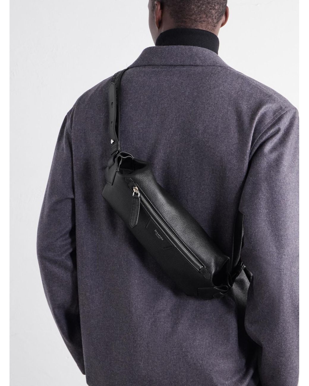 Serapian Black Soft Sling Leather Messenger Bag for men