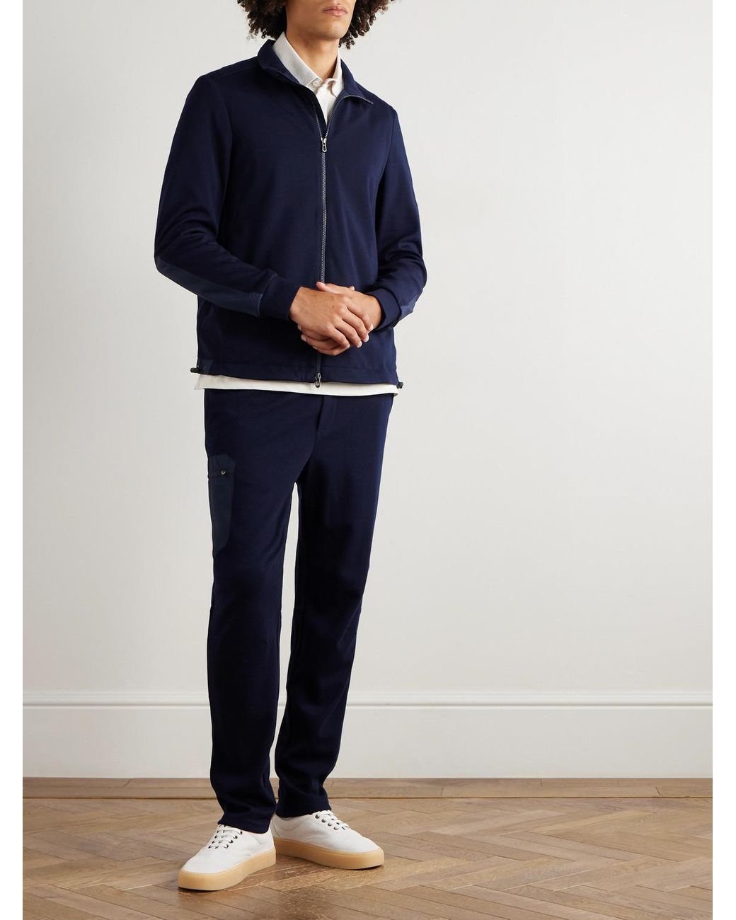 Sease Blue Straight-Leg Shell-Trimmed Wool-Blend Drawstring Trousers for men