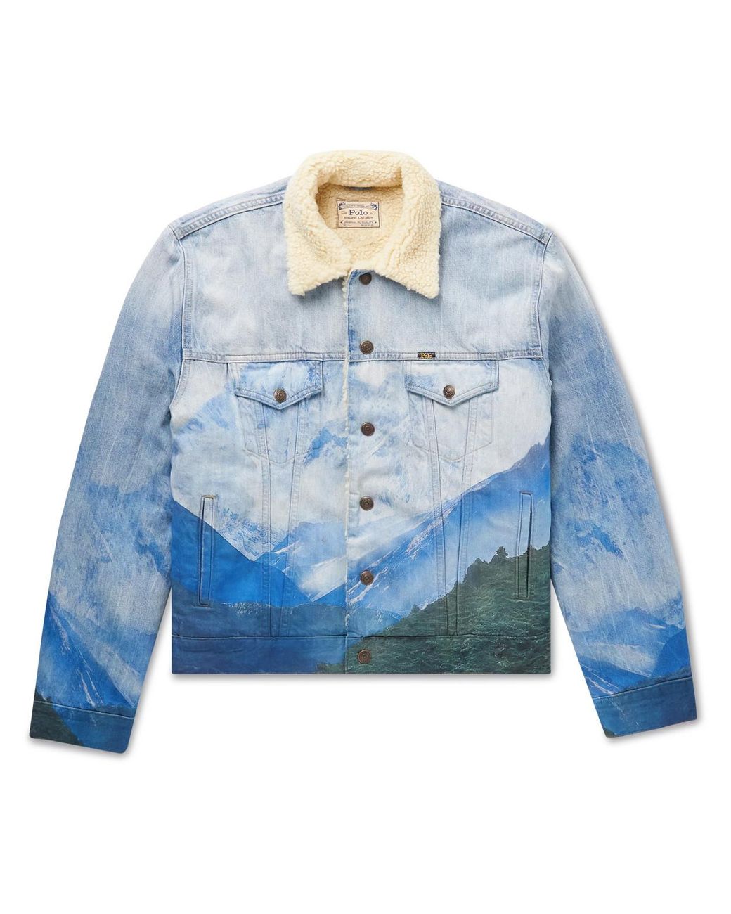 Polo Ralph Lauren Faux Shearling-trimmed Printed Denim Trucker Jacket in  Blue for Men | Lyst