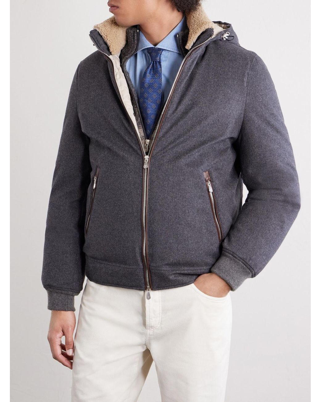 Brunello Cucinelli Blue Shearling-Trimmed Wool Hooded Down Jacket for men