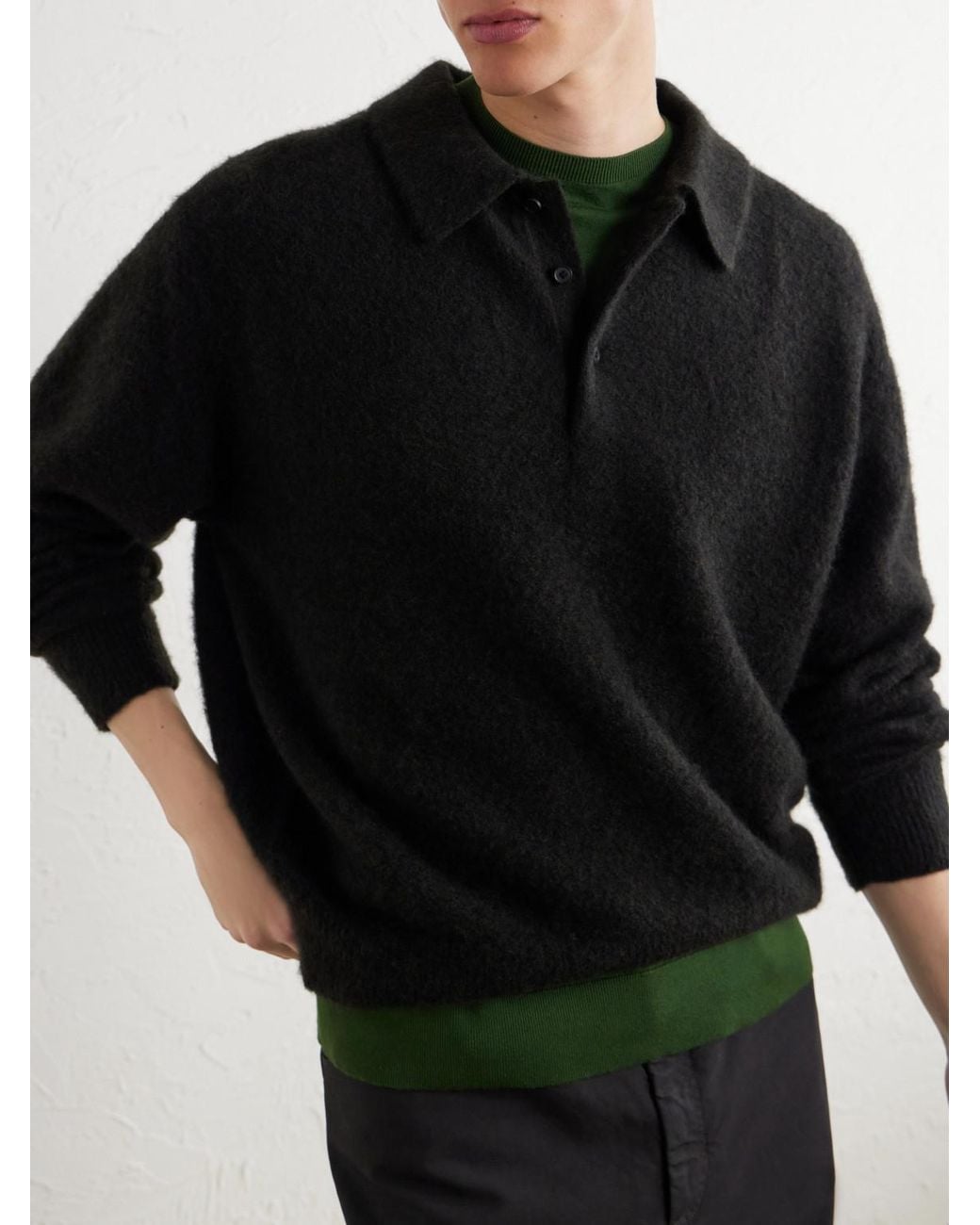 A.PRESSE Black Brushed Cashmere Polo Sweater for men
