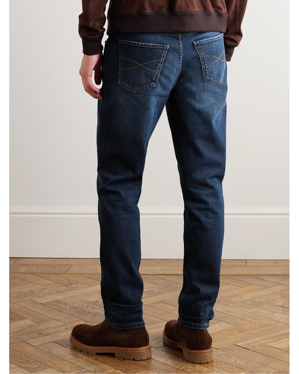 Brunello Cucinelli Blue Slim-Fit Straight-Leg Logo-Embroidered Jeans for men