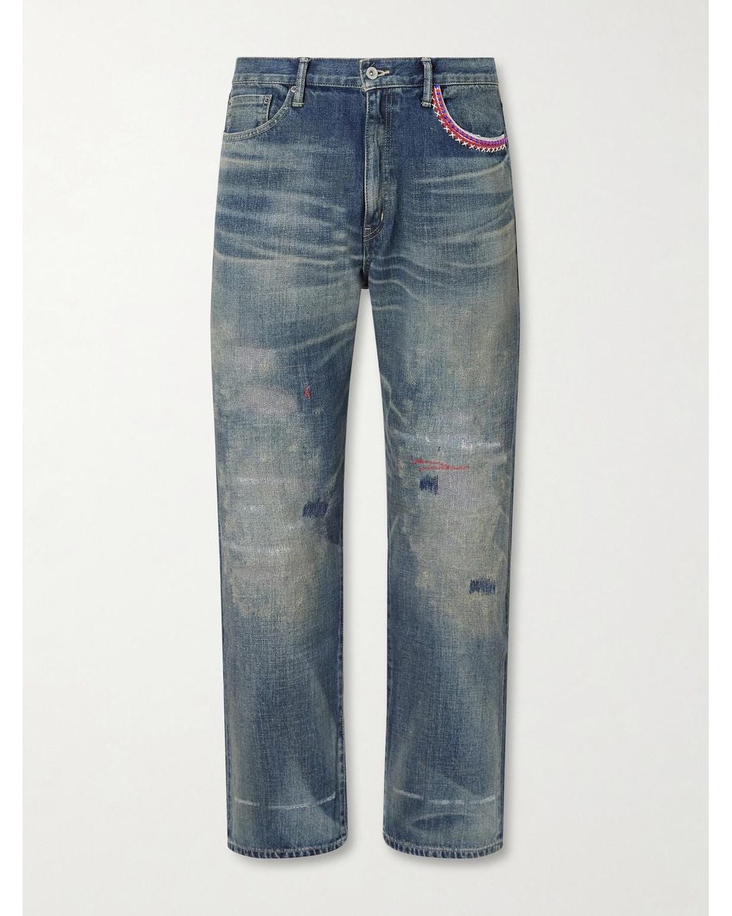 Neighborhood Blue Savage Straight-Leg Bead-Embellished Distressed Jeans for men
