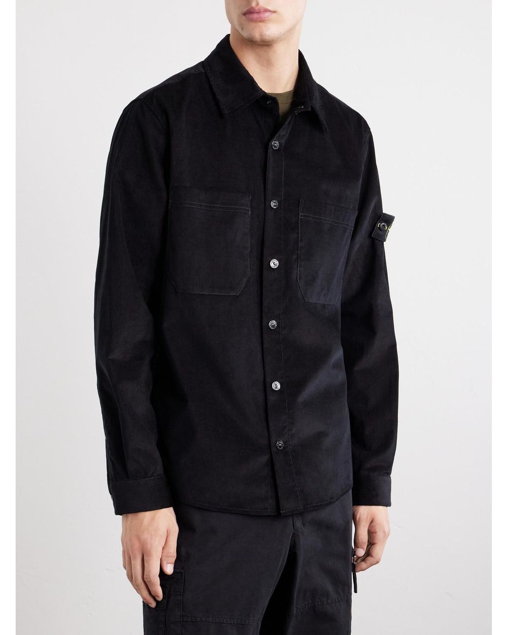 Stone Island Blue Logo-Appliquéd Cotton Corduroy Shirt for men