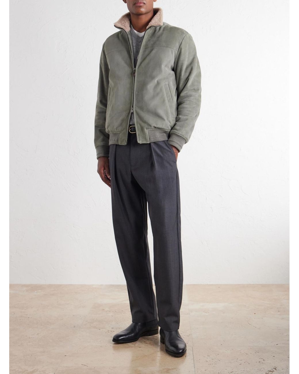 Canali Gray Padded Shearling-Trimmed Suede Bomber Jacket for men