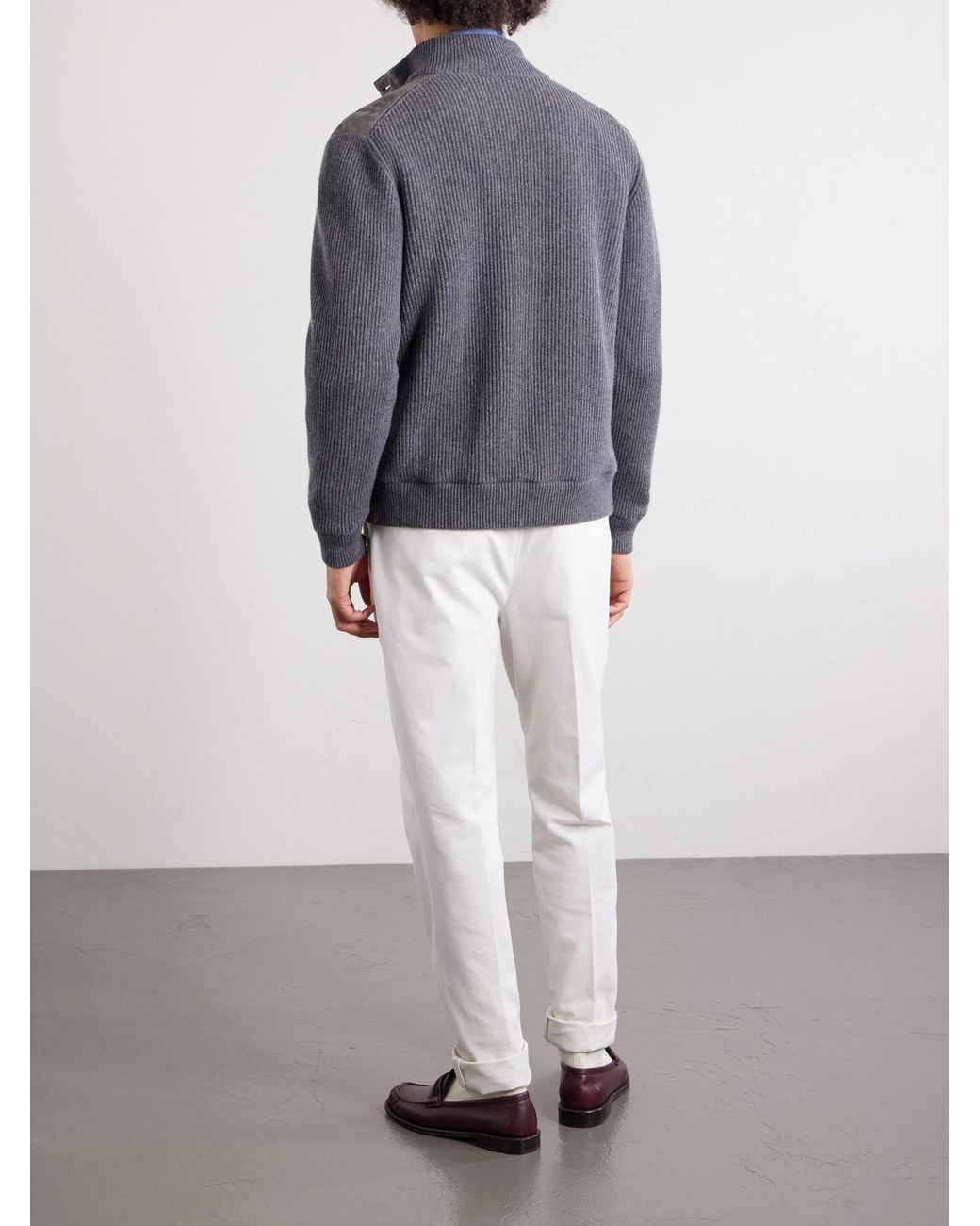 Brunello Cucinelli Gray Ribbed-Cashmere And Suede Jacket for men