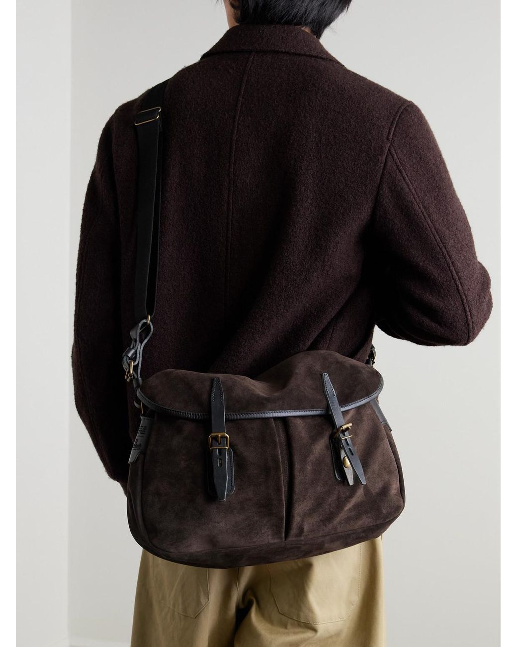 Bleu De Chauffe Black Fisherman's Musette Leather-Trimmed Suede Messenger Bag for men