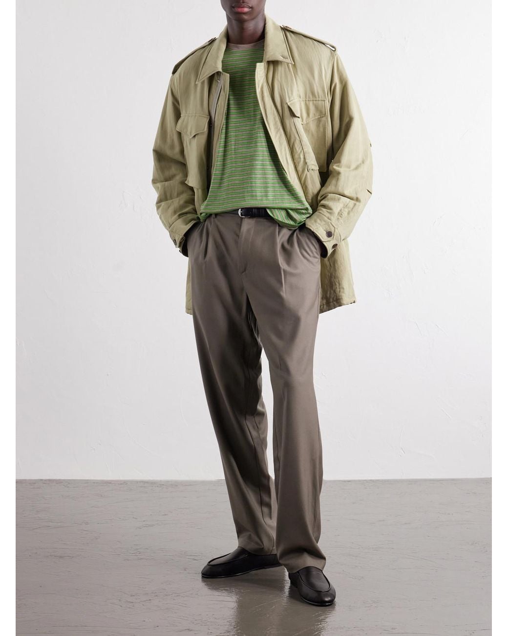 Auralee Green Striped Wool-Jersey T-Shirt for men
