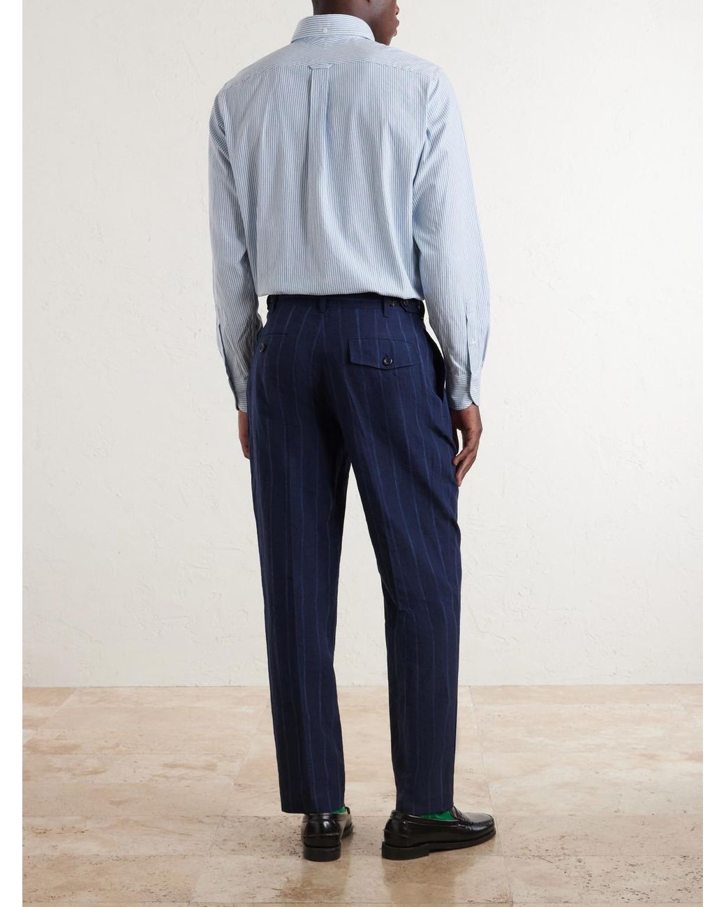 Drake's Blue Games Straight-leg Pinstriped Cotton And Linen-blend Suit Trousers for men