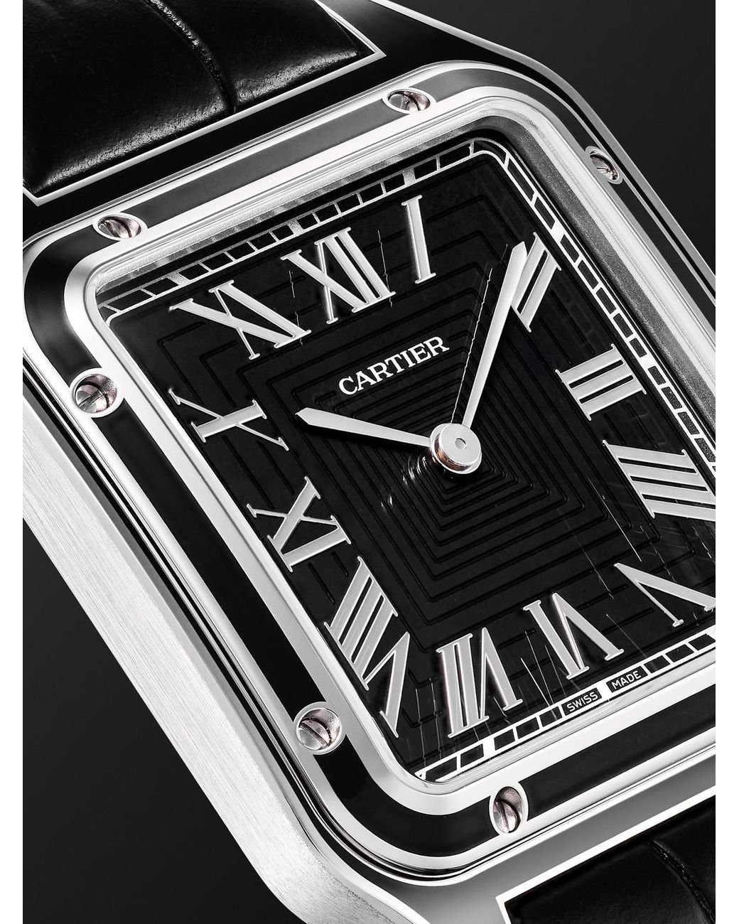 Cartier Black Santos-dumont Hand-wound 43.5mm Stainless Steel And Alligator Watch for men