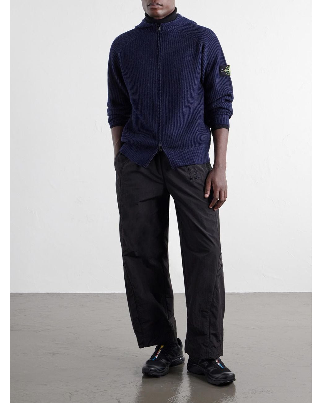 Stone Island Blue Ribbed Cashmere And Wool-Blend Zip-Up Hoodie for men