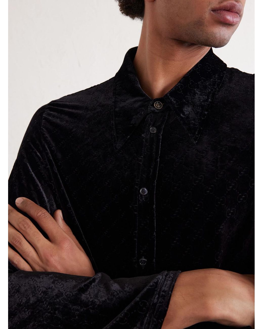 Gucci Blue Classic-Collar Slim-Fit Logo-Devoré Velvet Shirt for men