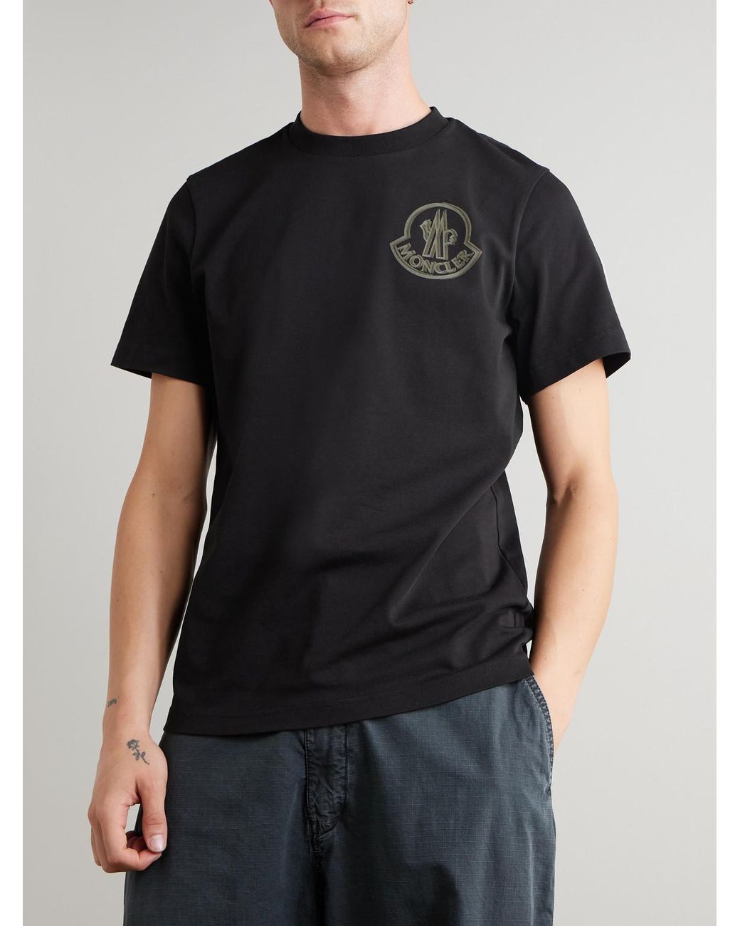 Moncler Black Logo-flocked Appliquéd Cotton-jersey T-shirt for men