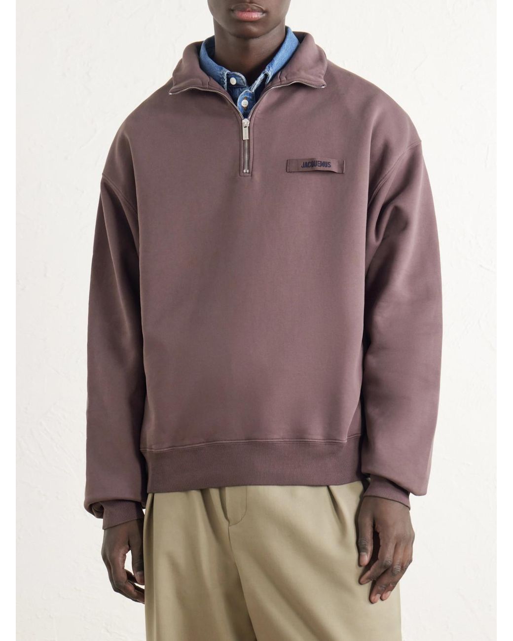 Jacquemus Purple Logo-Appliquéd Cotton-Jersey Half-Zip Sweatshirt for men