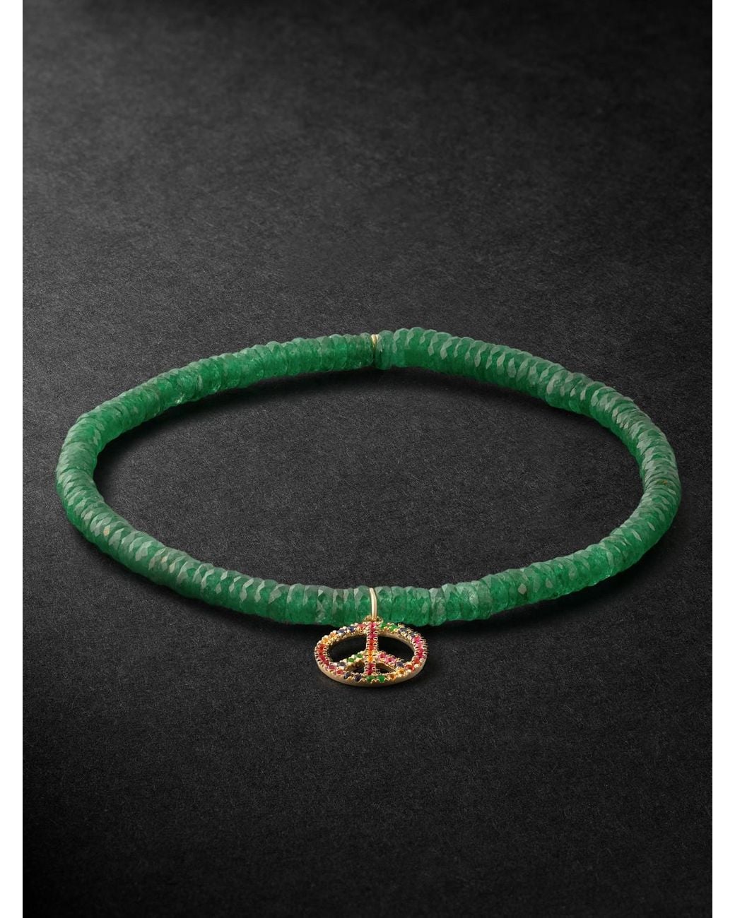 Sydney Evan Green Rainbow Peace Sign Gold Multi-stone Beaded Bracelet for men