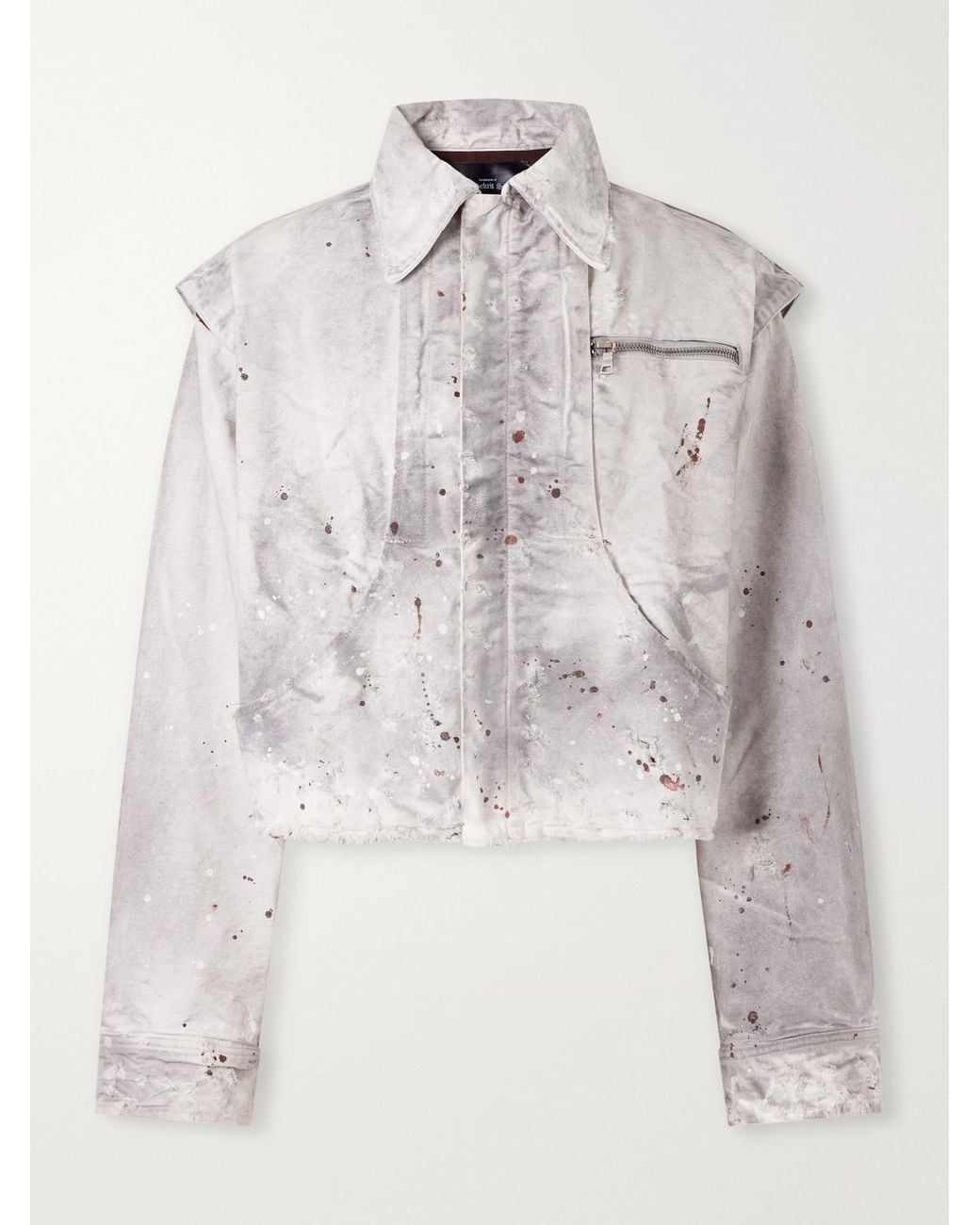 SEKRIT White Chopper Cropped Distressed Cotton-Canvas Bomber Jacket for men
