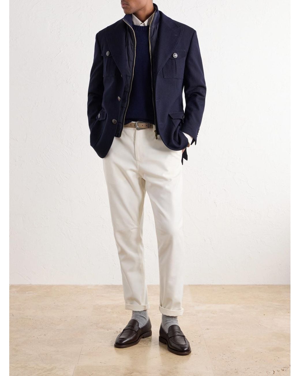 Brunello Cucinelli Blue Herringbone Wool And Cotton-Blend Twill Jacket With Detachable Shell Liner for men