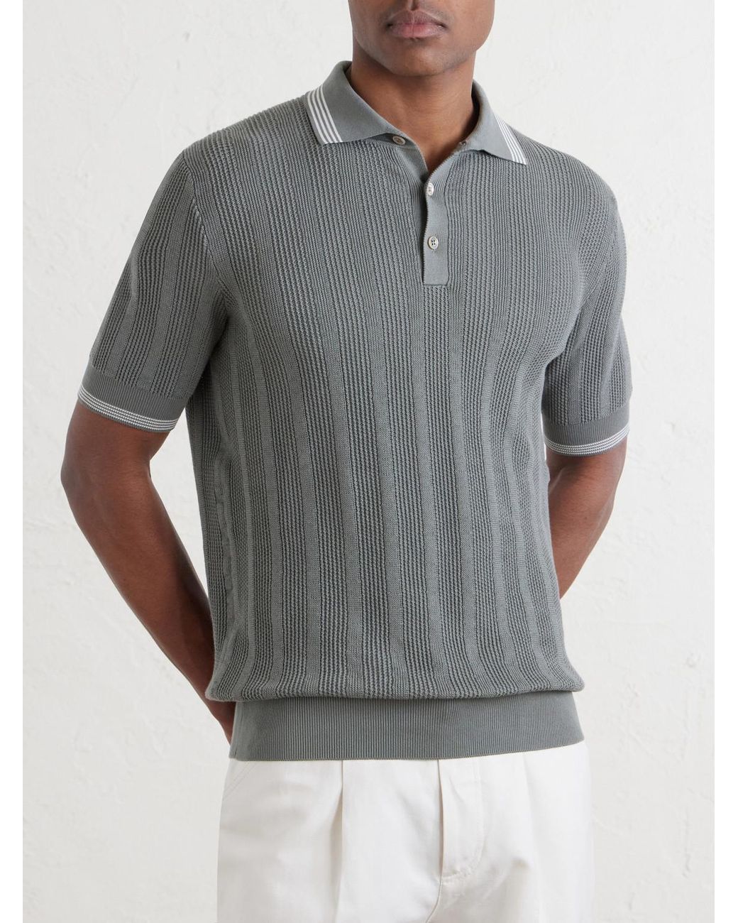 Brunello Cucinelli Gray Striped Pointelle-Knit Cotton Polo Shirt for men
