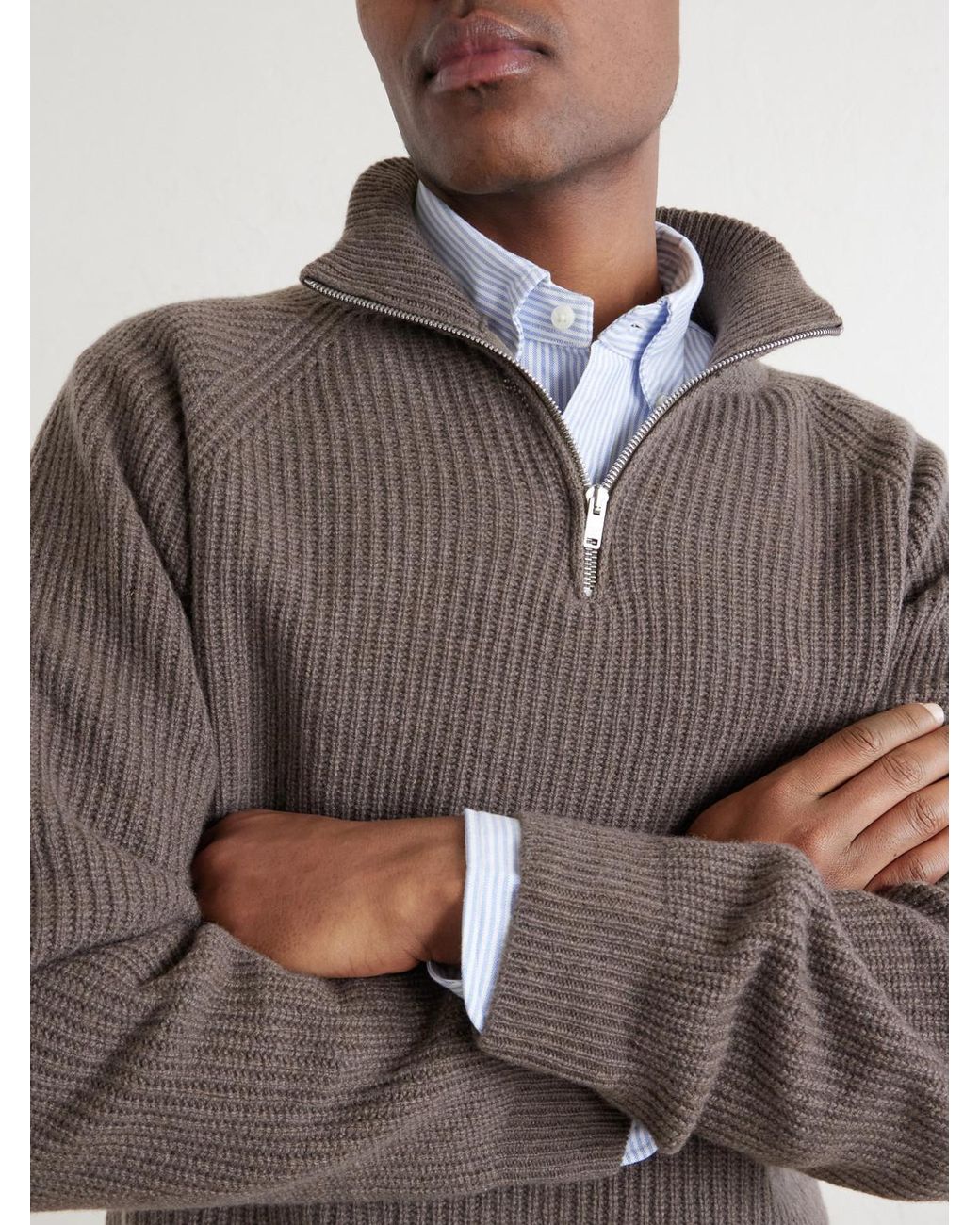 John Smedley Gray Ryker Ribbed Recycled-Cashmere And Wool-Blend Half-Zip Sweater for men