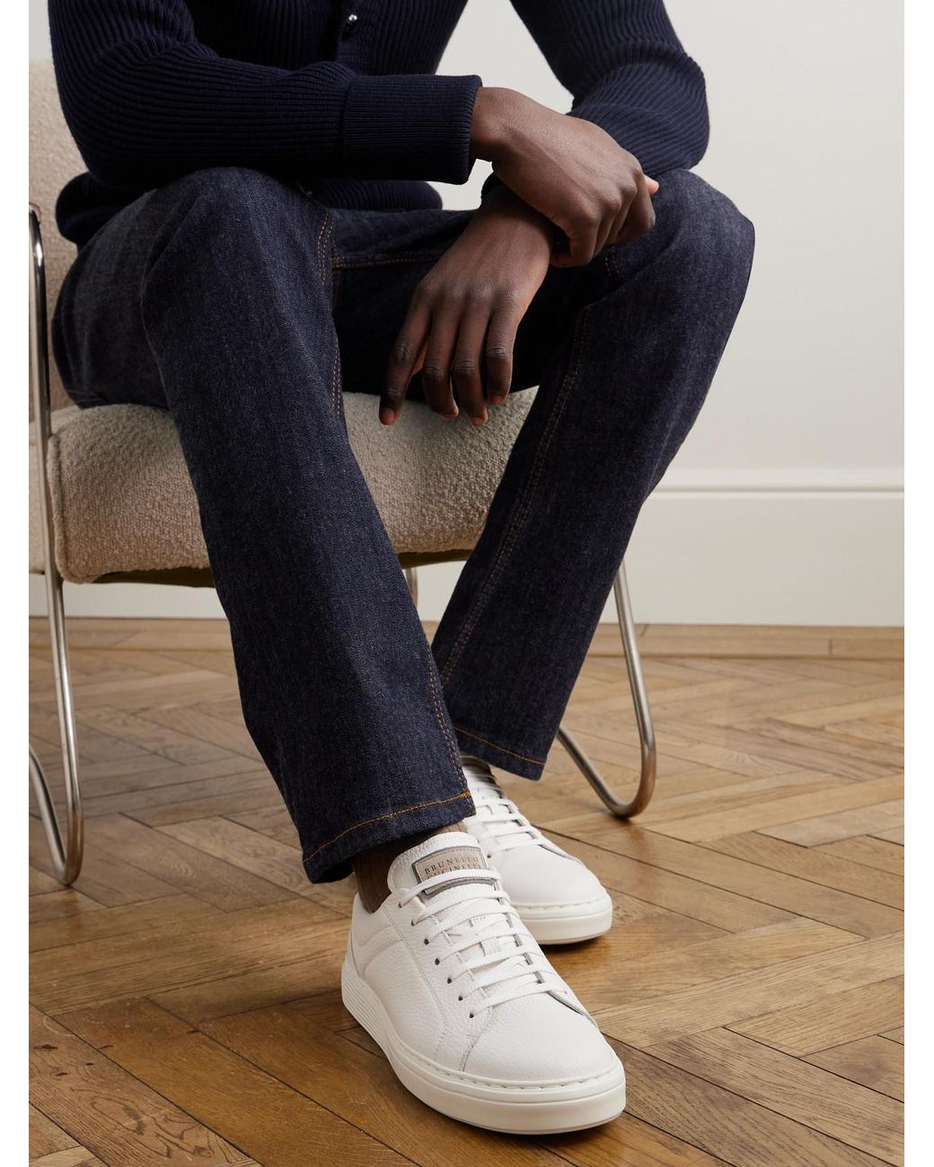 Brunello Cucinelli White Calfskin Trainers With Grain for men