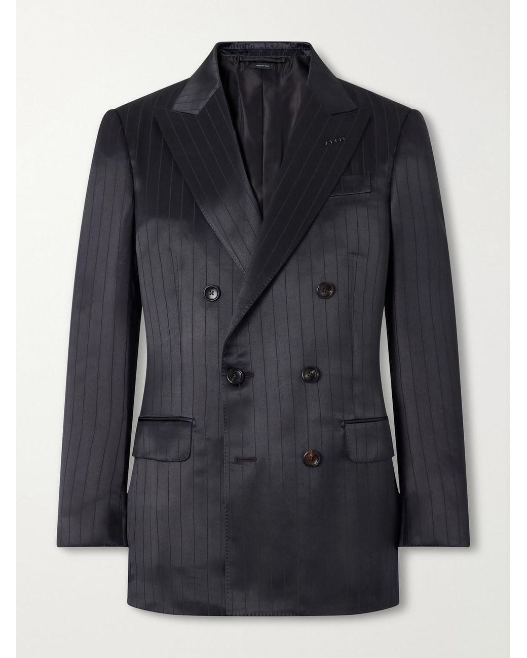 Tom Ford Black Double-Breasted Pinstriped Satin Suit Jacket for men