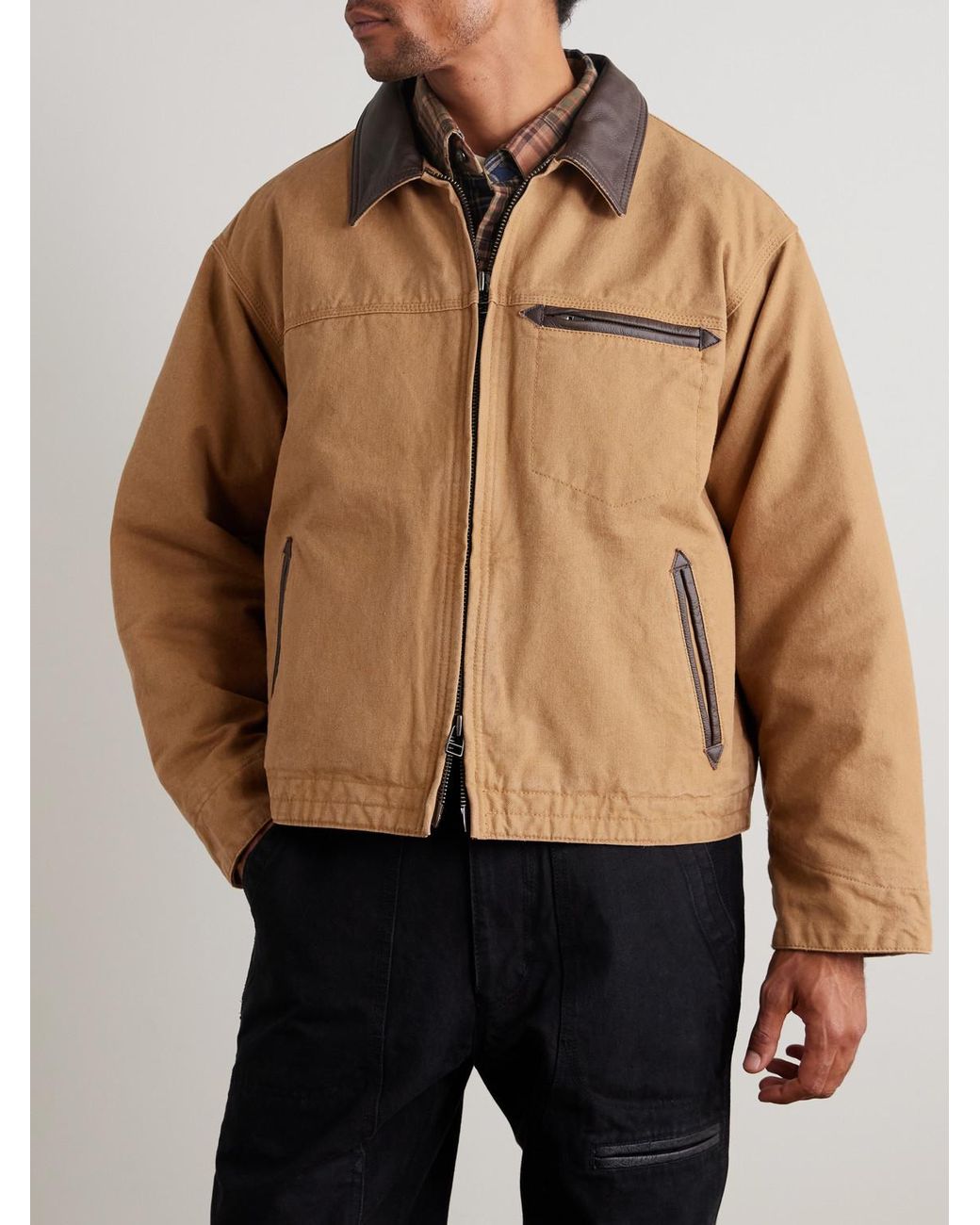 FRIZMWORKS Leather-Trimmed Distressed Cotton-Canvas Jacket in Natural für Herren