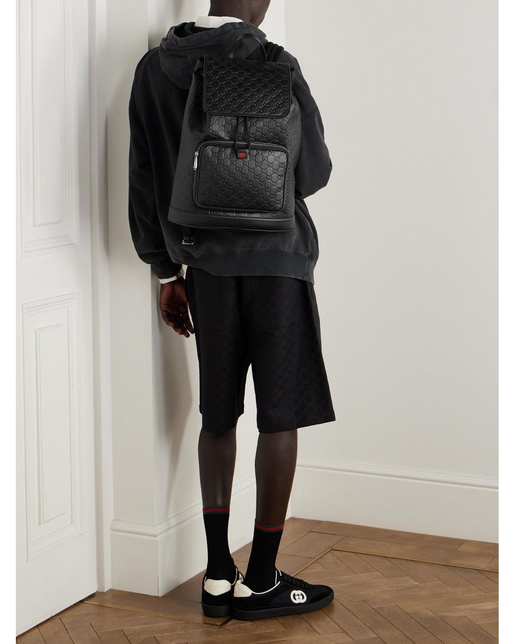 Gucci Black Arabella Logo-Debossed Leather Backpack for men