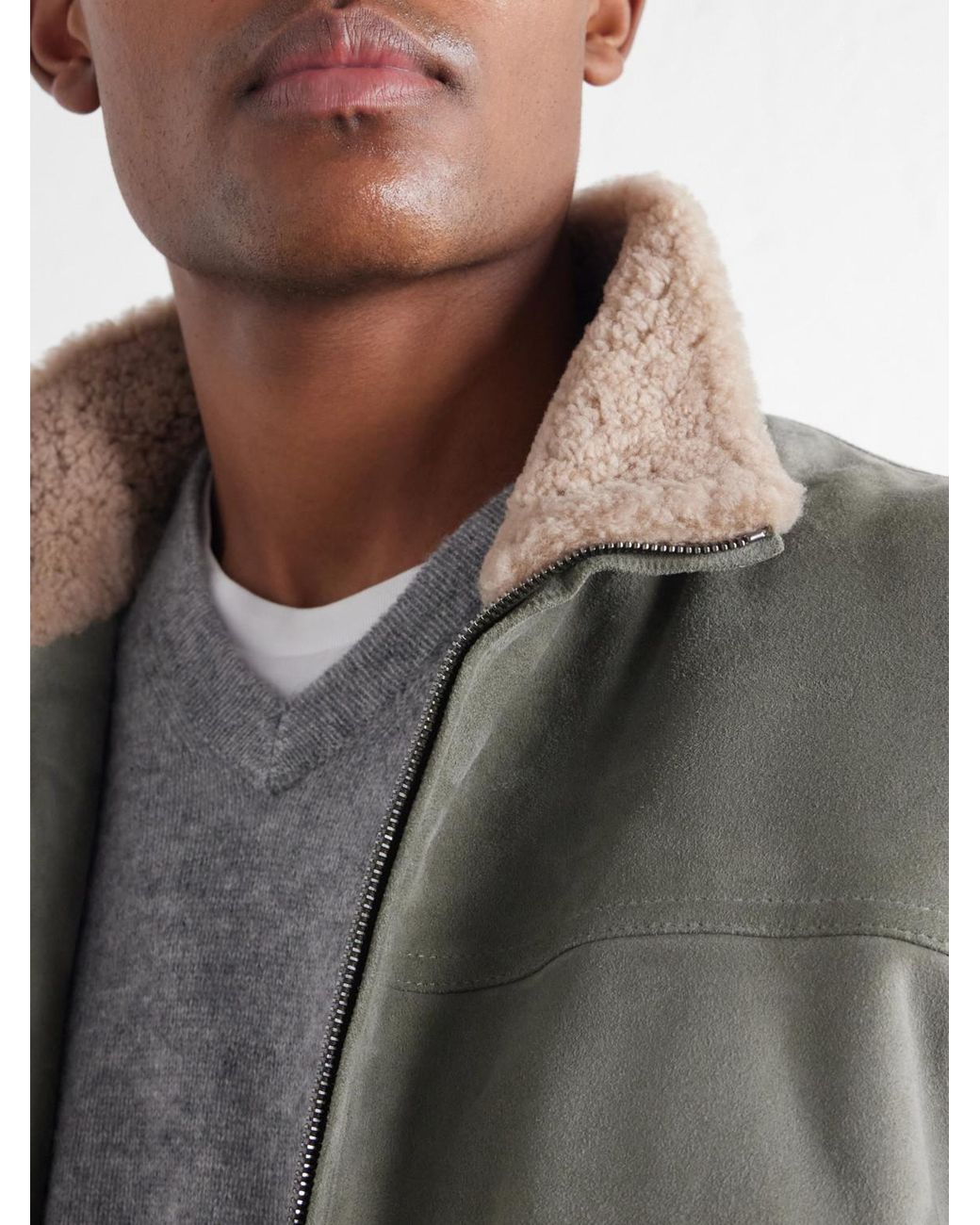 Canali Gray Padded Shearling-Trimmed Suede Bomber Jacket for men