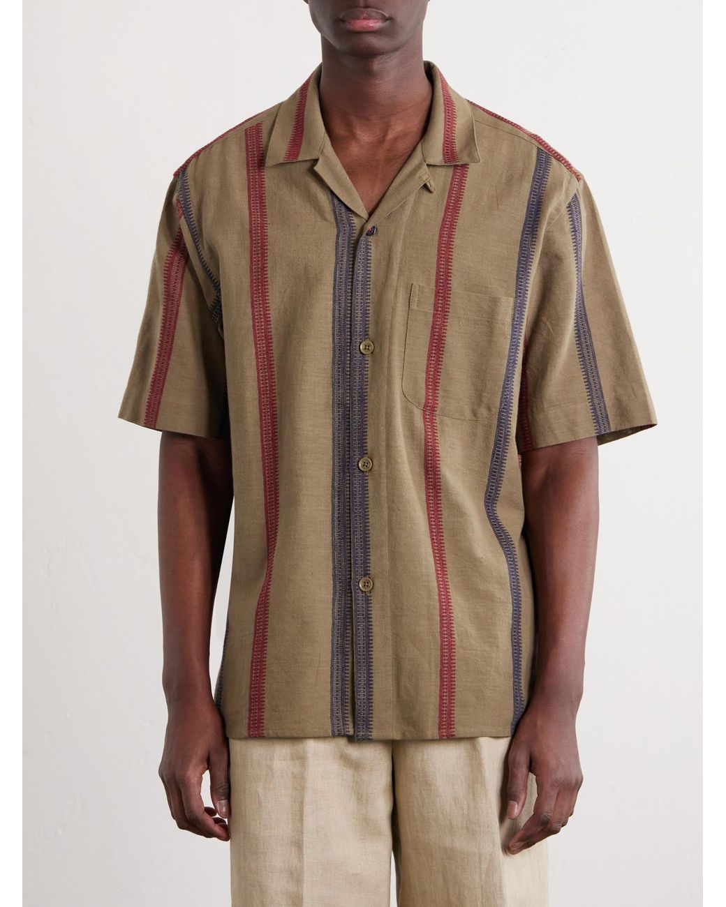 Kardo Brown Ronen Camp-Collar Striped Jacquard-Knit Cotton Shirt for men