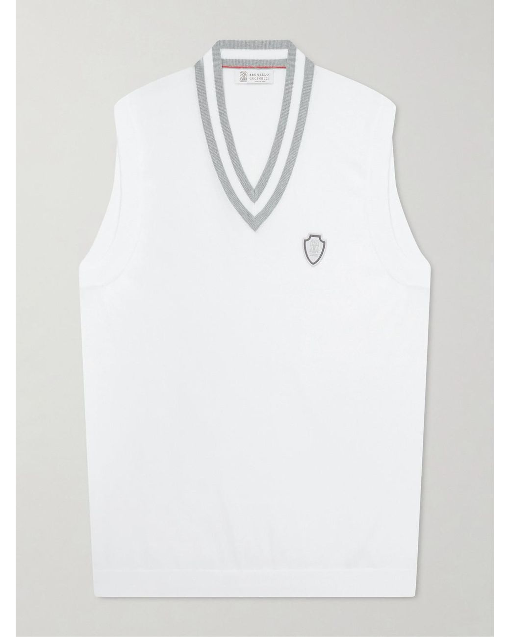 Brunello Cucinelli White Logo-Embroidered Cotton Golf Sweater Vest for men