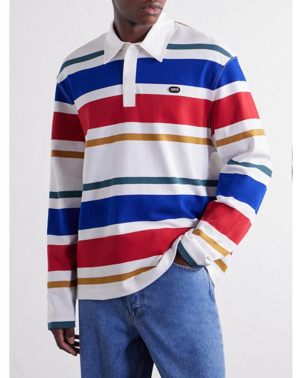 AMI Blue Logo-Appliqué Striped Cotton-Jersey Polo Shirt for men
