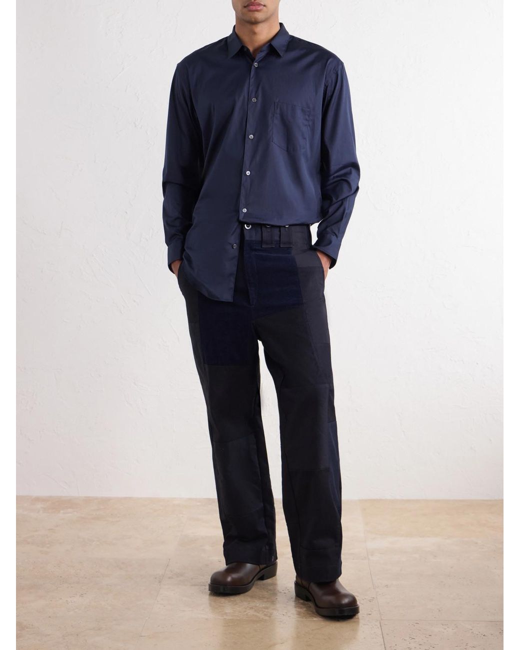 Junya Watanabe Blue Patchwork Straight-Leg Panelled Cotton-Twill Trousers for men