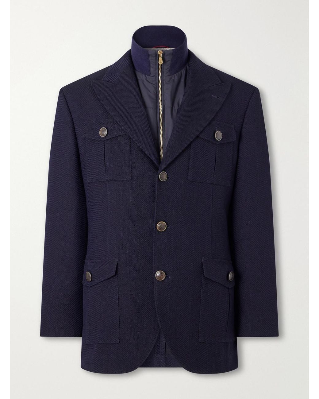 Brunello Cucinelli Blue Herringbone Wool And Cotton-Blend Twill Jacket With Detachable Shell Liner for men