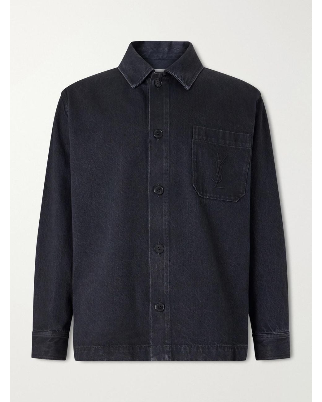 Saint Laurent Blue Logo-embroidered Cotton Denim Overshirt for men