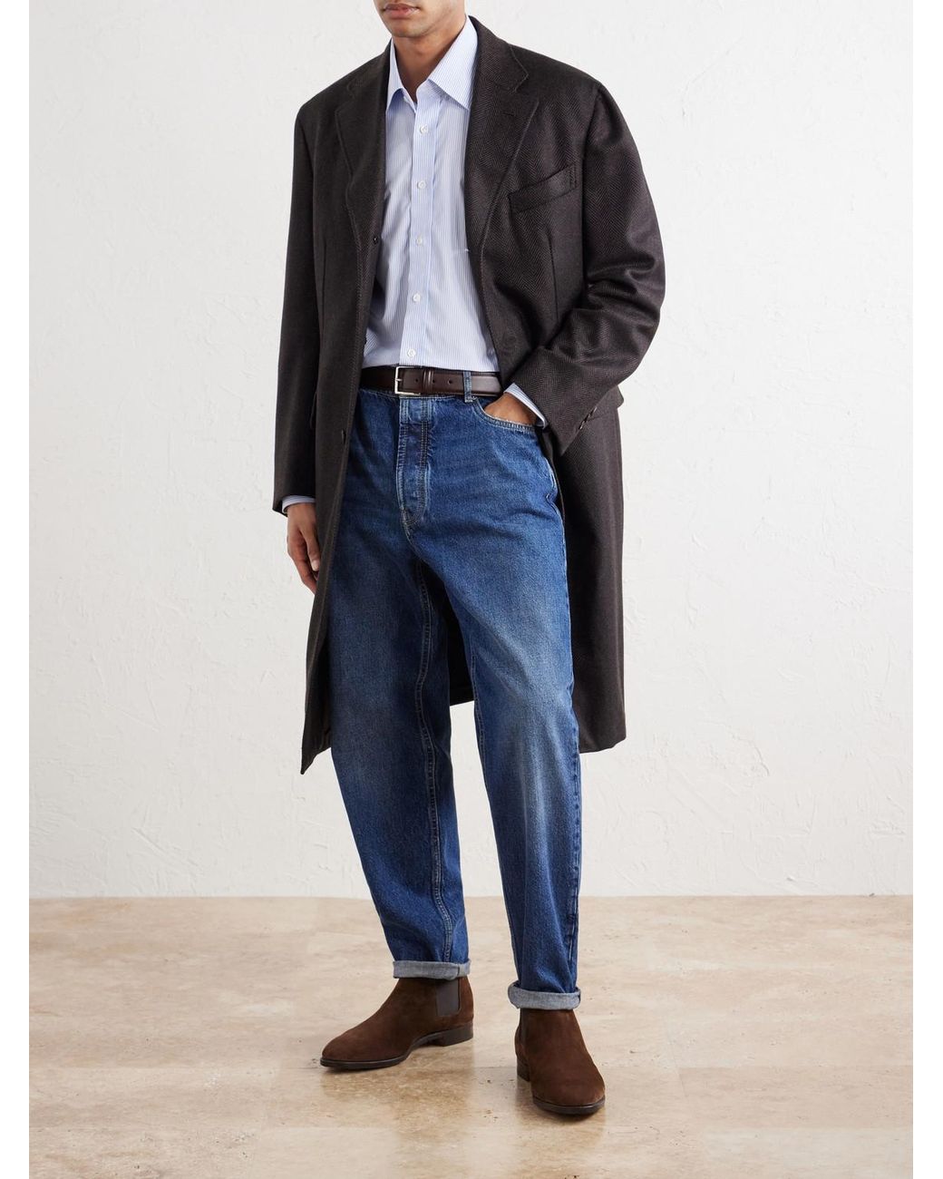 Thom Sweeney Black Herringbone Wool Coat for men