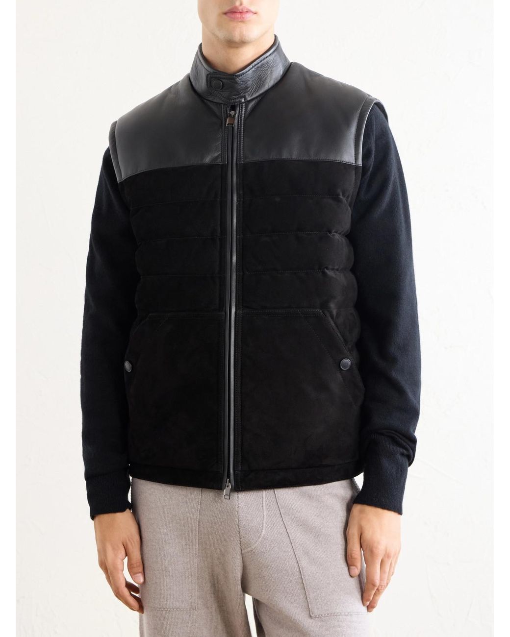 Brioni Black Leather-Trimmed Suede Gilet for men