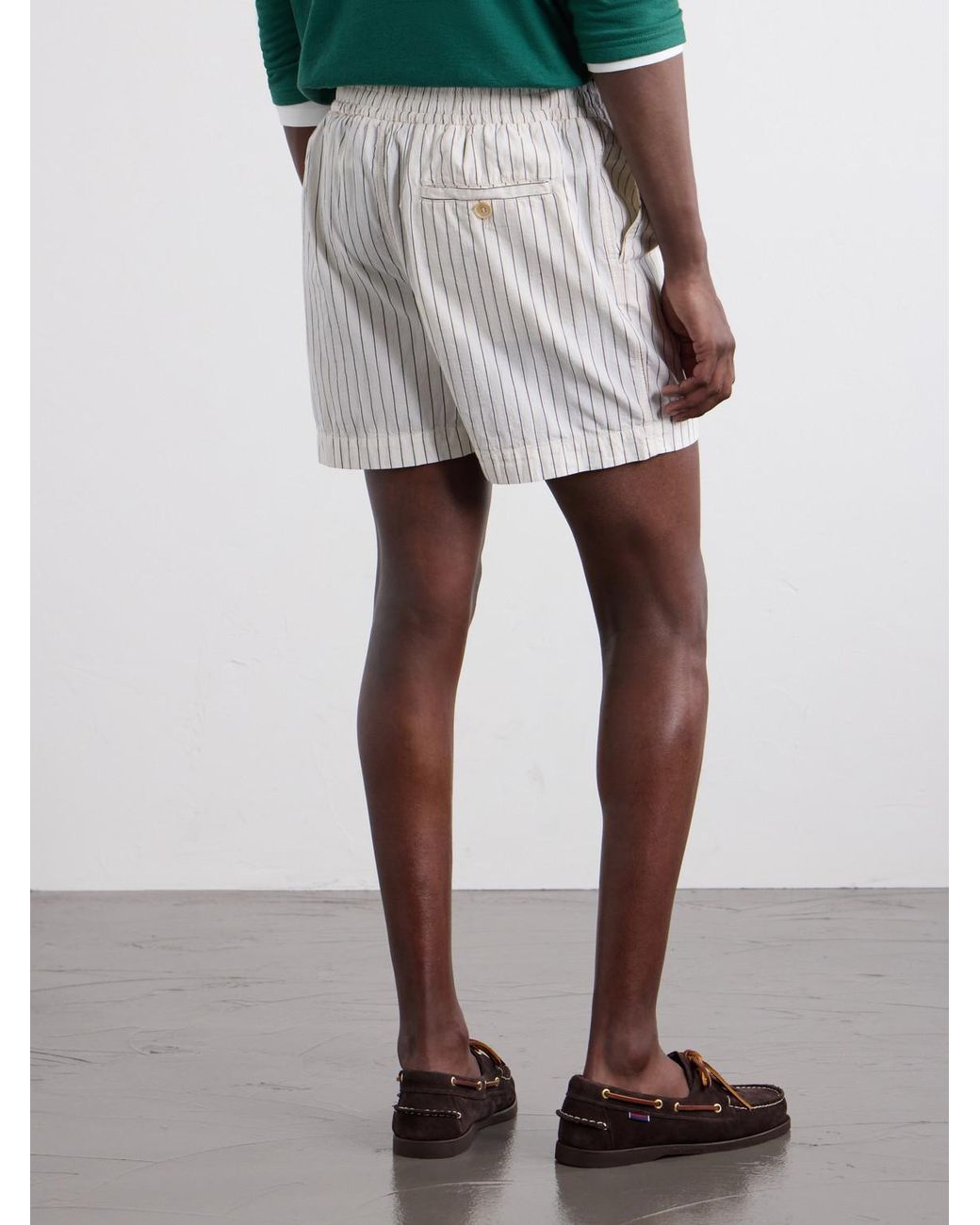 Drake's White Straight-Leg Striped Cotton And Linen-Blend Drawstring Shorts for men