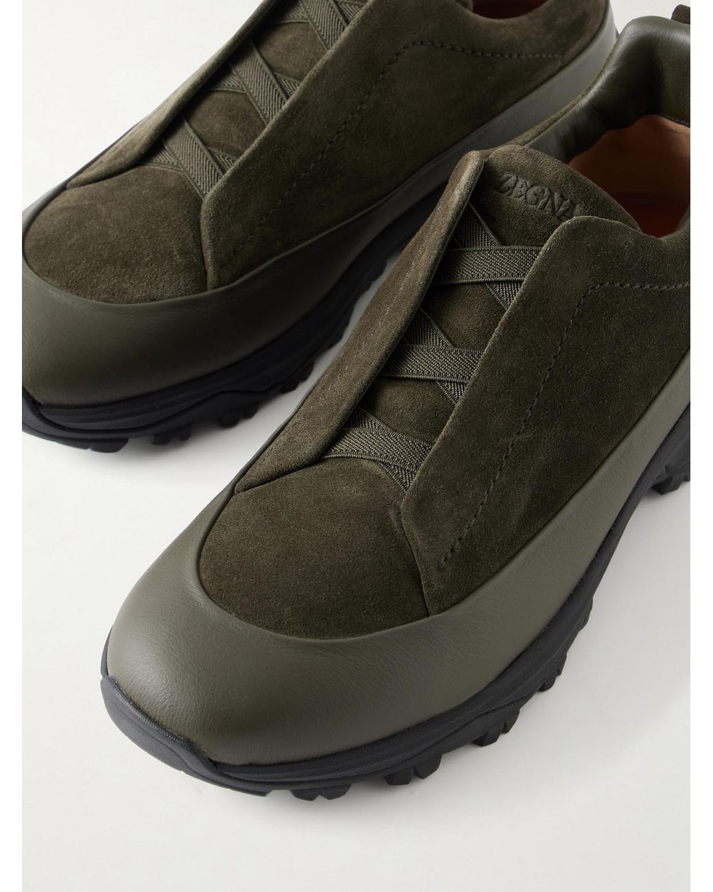 Zegna Black Triple Stitch Monte Rubber-Trimmed Suede Slip-On Sneakers for men