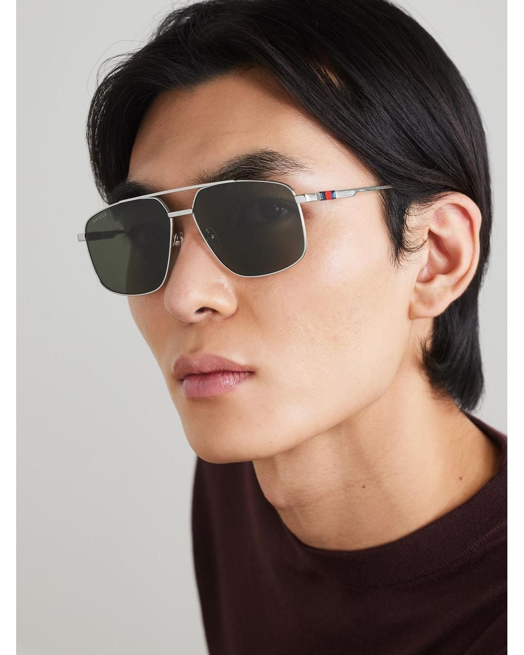 Gucci Gray Double-Bridge Aviator-Style-Tone Metal Sunglasses for men